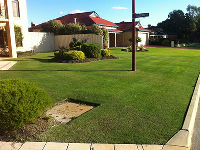A large corner lawn mown around established garden beds, with the kerb and a street sign in view